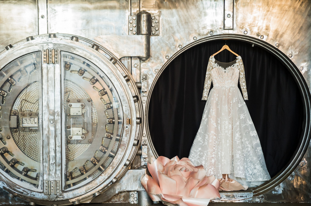 Pink Bridal gown in bank vault at Silver City Ballroom in Meriden