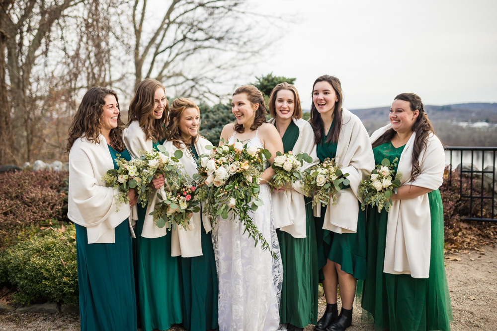 bride with her  bridal party at gillette castle