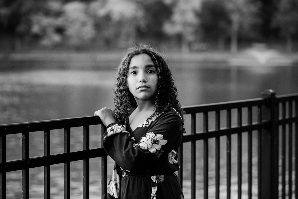 black and white of a girl at hubbard park