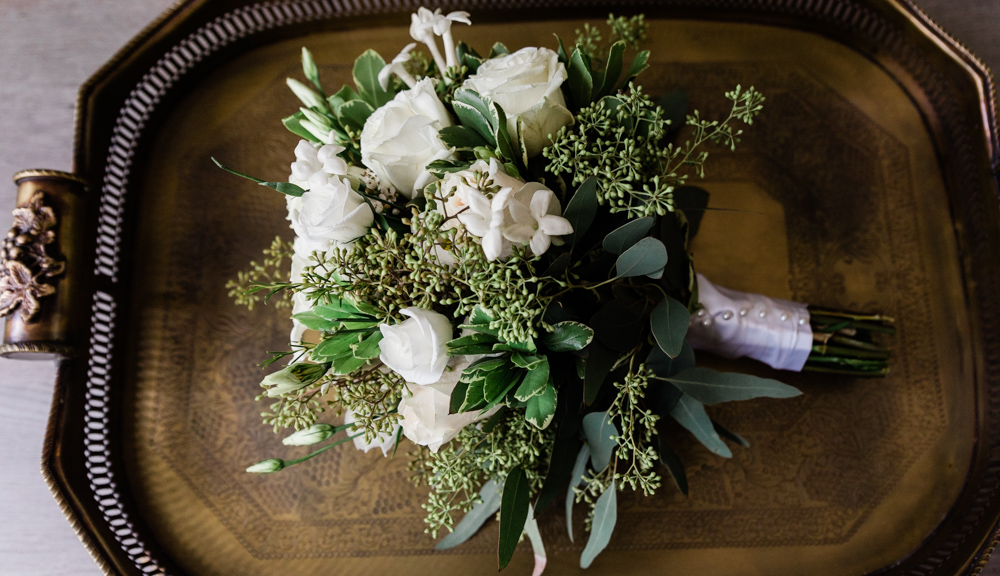 bride's bouquet for her hillstead museum backyard wedding 