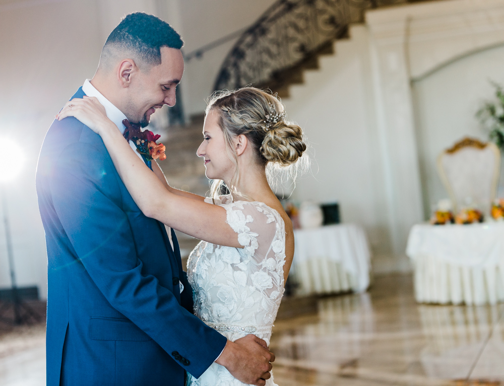 bride and groom first dance at their aria fall wedding