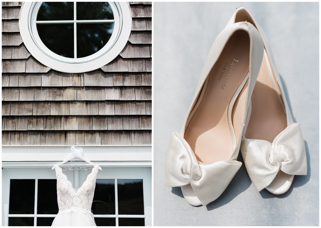 paloma blanco wedding gown hanging at the Fox Hopyard Golf Club with kate spade shoes