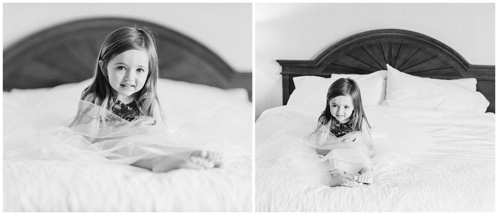 flower girl on the hotel bed