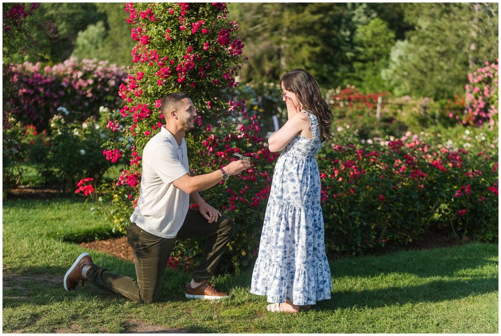 A man down on one knee at his elizabeth park proposal